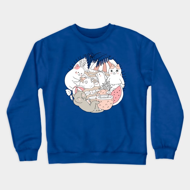 cartoon cute summer cat Crewneck Sweatshirt by Mako Design 